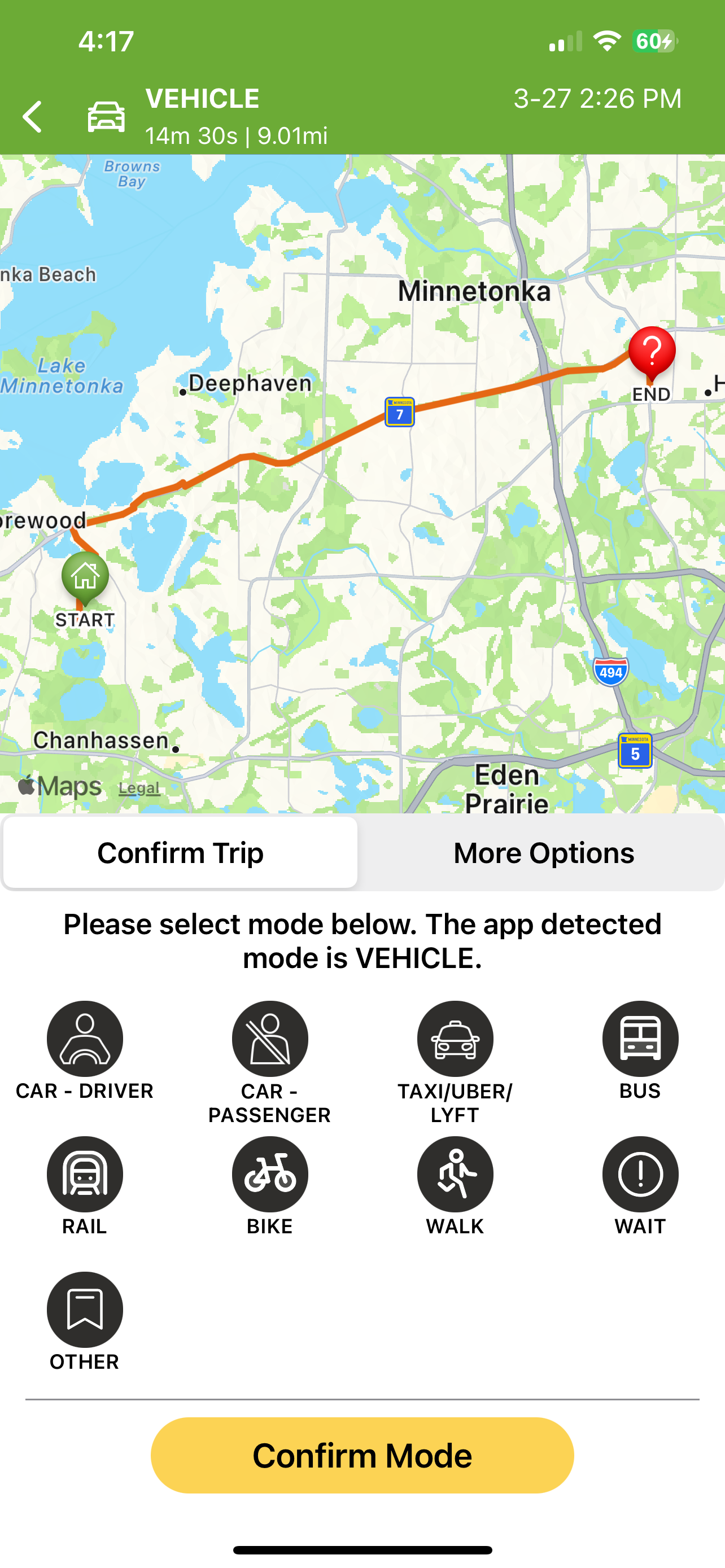 Daynamica app Confirm Trip screen for a 14-minute, 9-mile vehicle trip, showing the route on a map from start to end. Below it the app says the detected mode is Vehicle and asks the participant to select a mode: Car – Driver, Car – Passenger, Taxi/Uber/Lyft, Bus, Rail, Bike, Walk, Wait, or Other, then tap Confirm Mode.