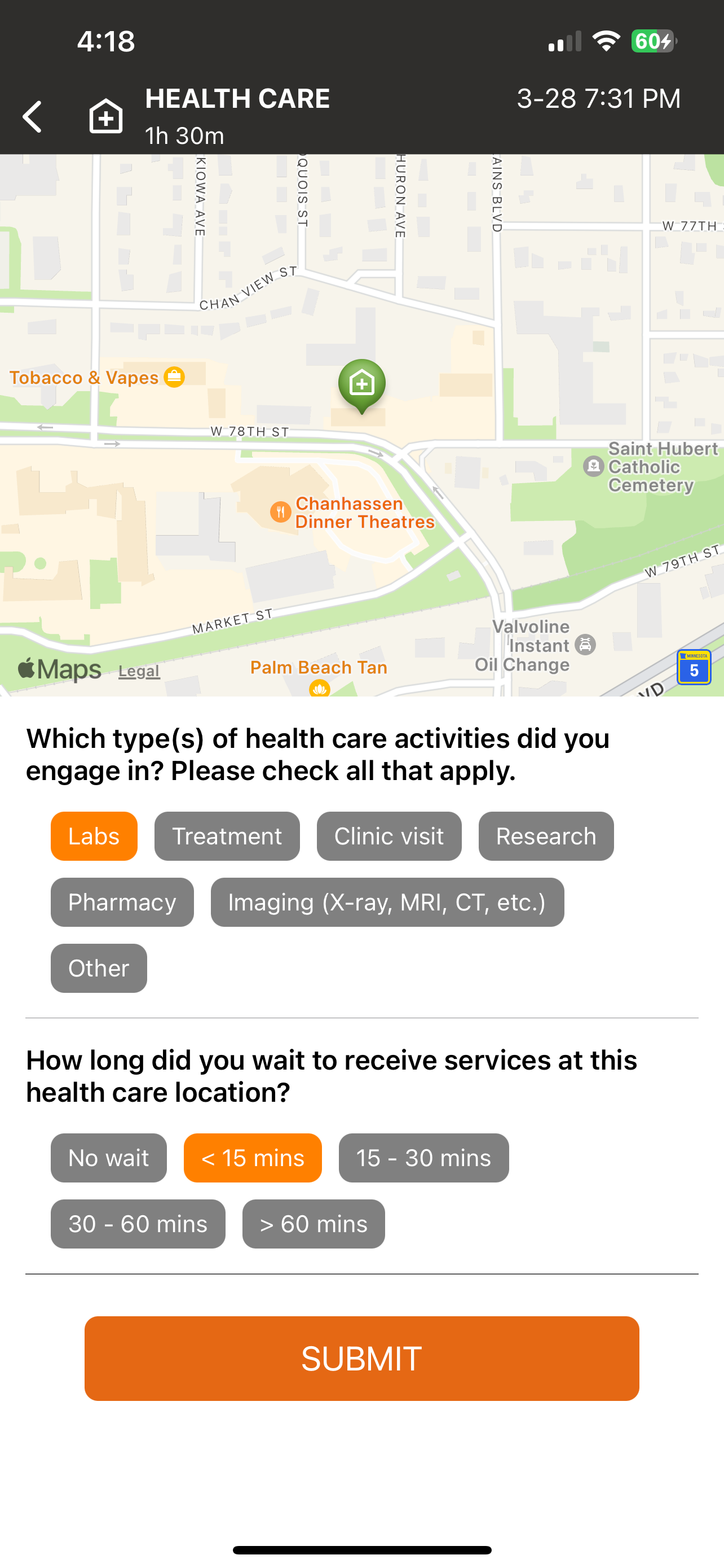 Daynamica app survey for a health care episode, asking which types of care the participant received (labs, treatment, clinic visit, research, pharmacy, imaging, or other) and how long they waited, from no wait to more than 60 minutes.