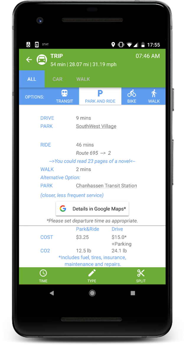 Daynamica app showing a 54-minute car trip with alternatives for the same journey: transit, park and ride, bike, and walk. The park-and-ride option lists a 9-minute drive, a 46-minute bus ride, and a 2-minute walk, with a cost and CO2 comparison against driving.